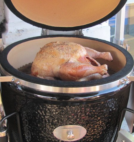 A whole BBQ turkey on the Monolith Ceramic Grill